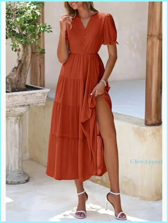 Summer Casual V-Neck Midi Dress A-Line Tiered Wedding Guest - Picture 6 of 7